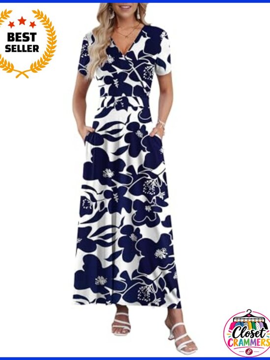 Dresses & Skirts - Women's Floral Wrap Maxi Dress Short Sleeve V-Neck Beach Vacation Casual
